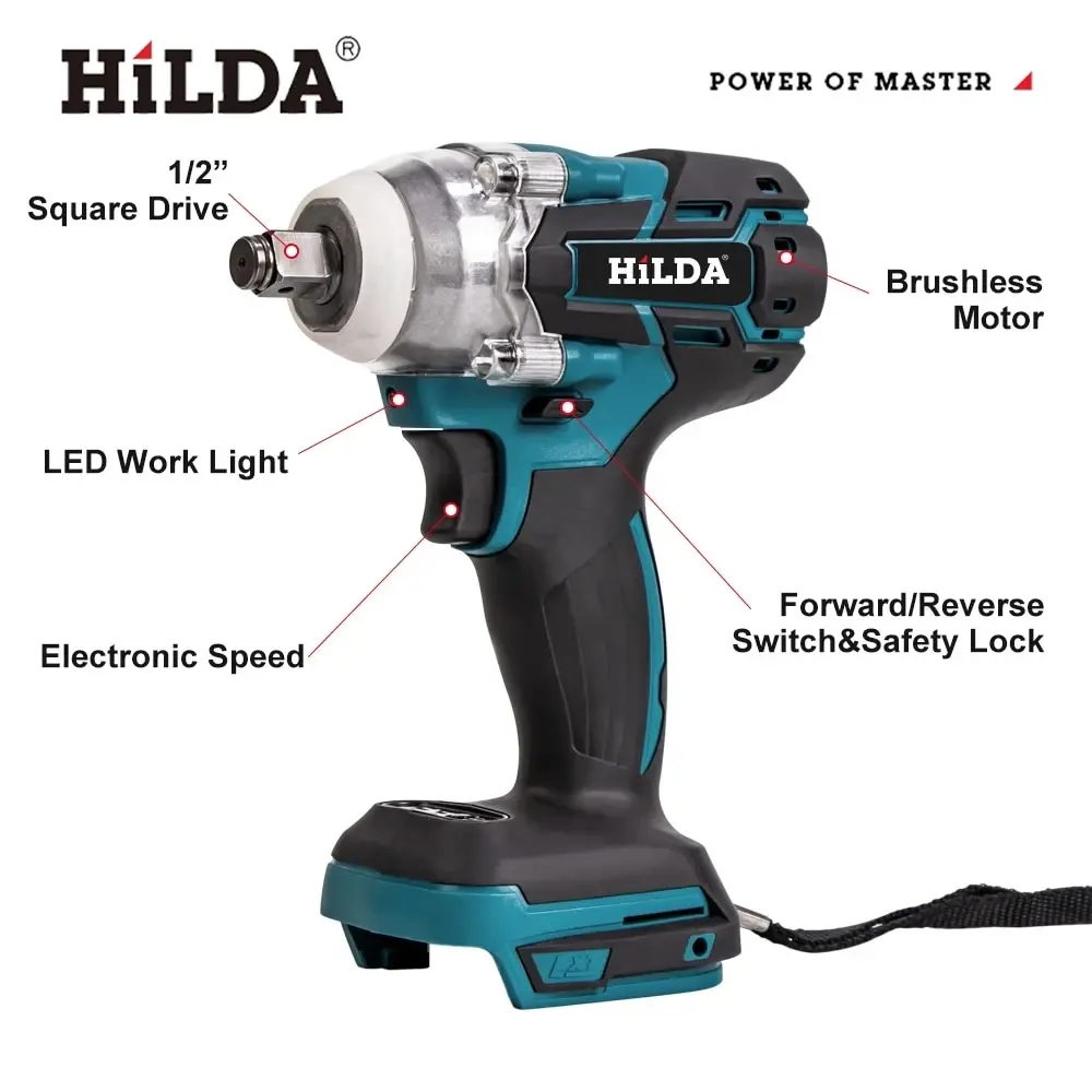 HILDA 18V Cordless Impact Wrench Brushless High Torque Impact 1/2 Inch Car Wrench Power Tools