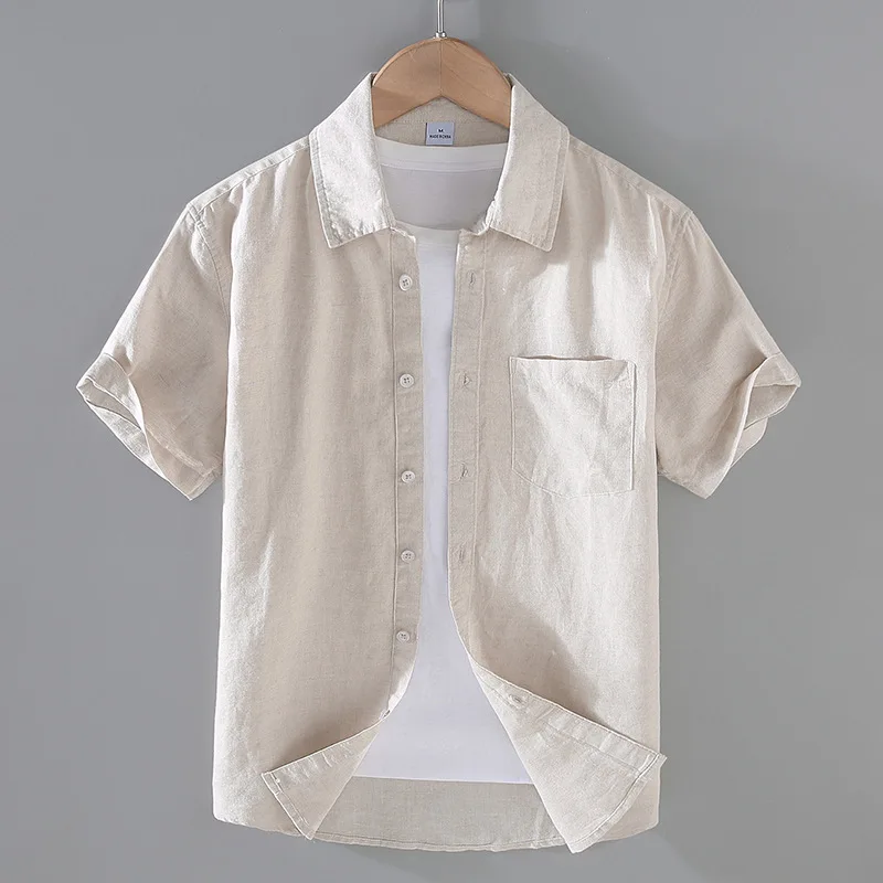 2024 Men\'s Solid Color Linen Shirt Short Sleeve Summer Breathable Thin Linen Casual Shirt