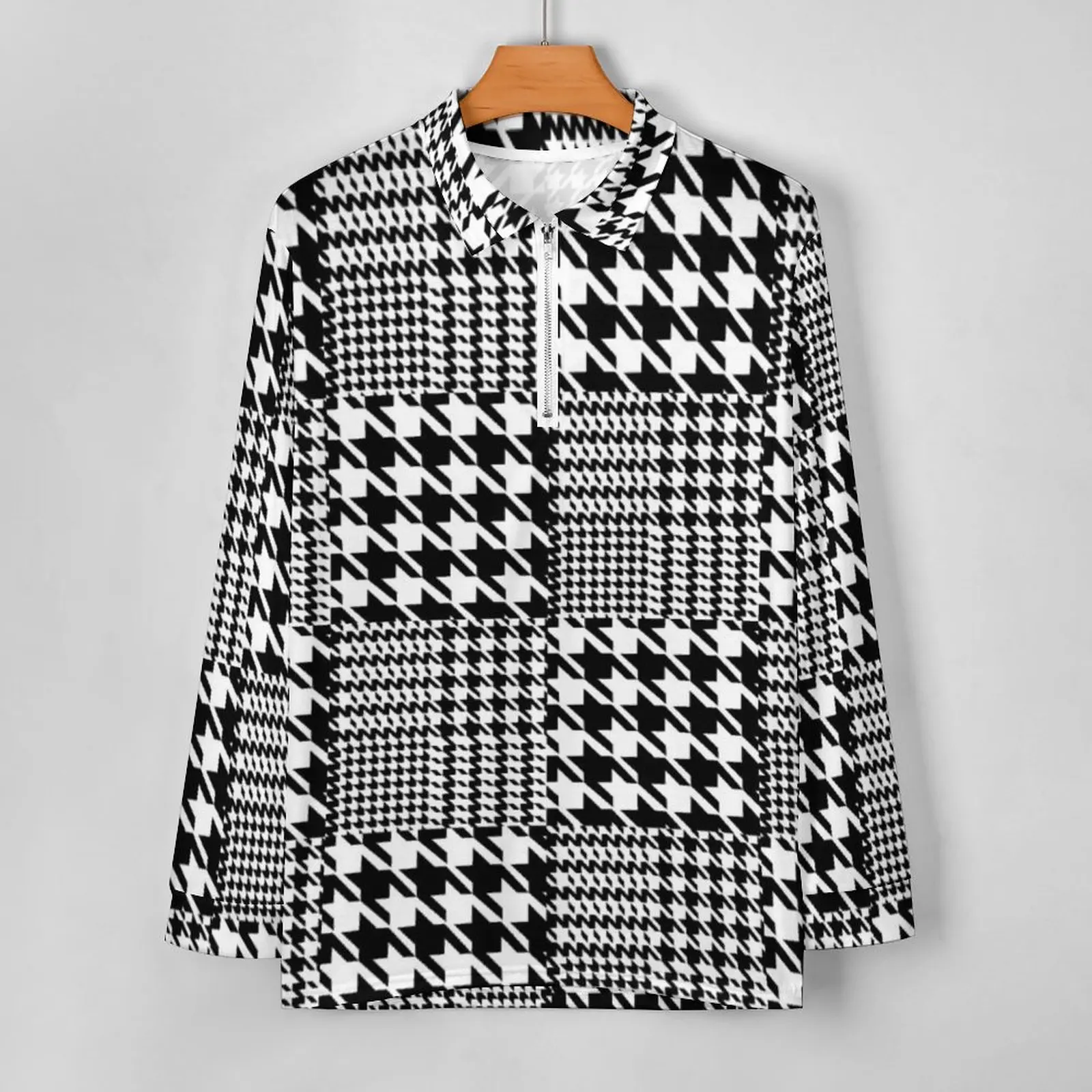 Houndstooth Casual Polo Shirts Black And White Patchwork T-Shirts Long Sleeve Shirt Autumn Cool Oversize Clothes Birthday Gift