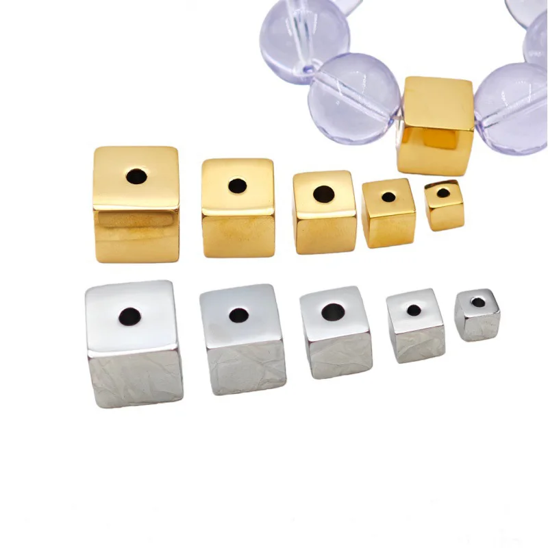 10pcs 6 8 10 12 14mm Stainless Steel Square Shape Spacer Beads DIY for Women Men's Bracelet Necklace Making PVD Gold Coating