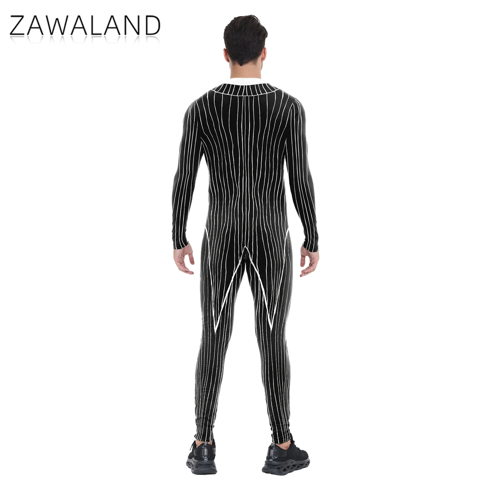 Jack preto branco listra cosplay traje tailcoat impressão bodysuit para o homem festa de halloween desempenho macacão carnaval roupas