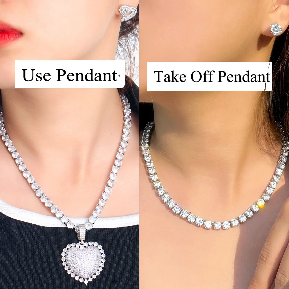 CWWZircons Bling Heart Shape Iced Out Cubic Zirconia Tennis Chain Necklace Earrings Trendy Party Jewelry Sets for Women T712