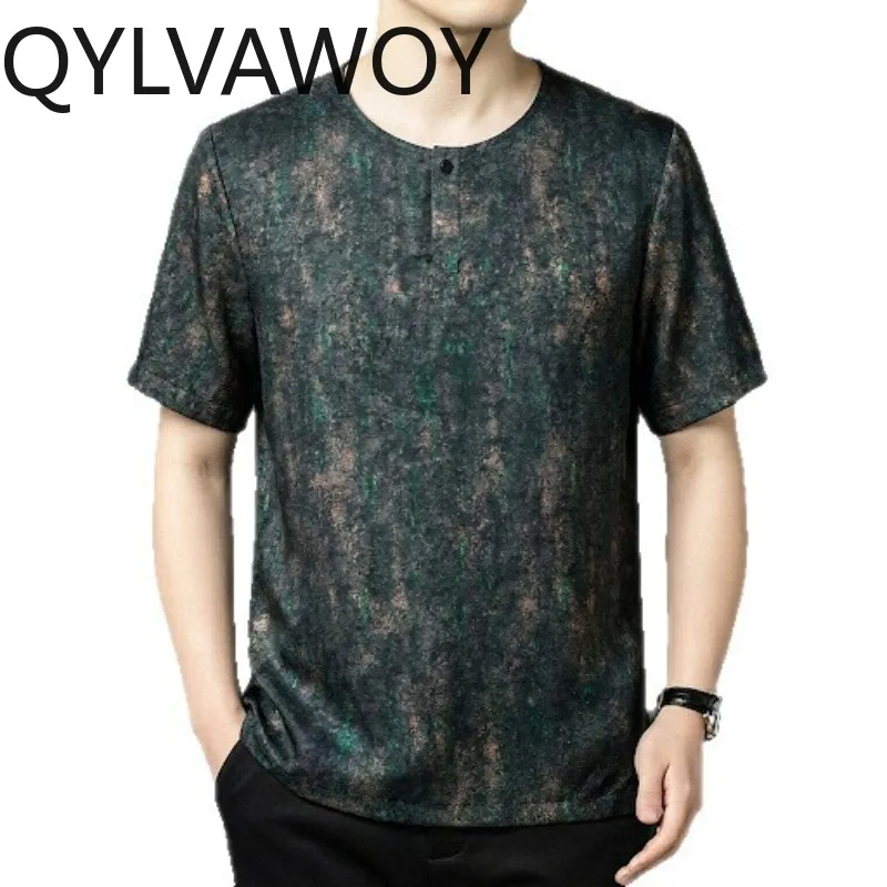 

QYLVAWOY 100% Mulberry Silk Short Sleeve T Shirt Large Size Men's Shirts Xiangyunsha Shirt Retro Summer Clothes for Man Loose
