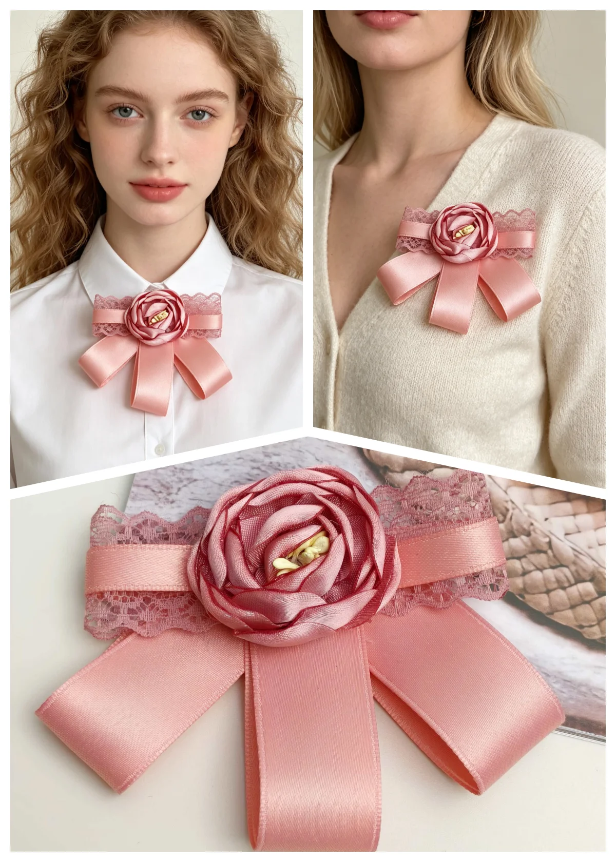 French-Style Gentle Pink Satin Bow Tie, Lace Splicing Three-Dimensional Fabric Camellia Collar Accessory, Fresh Girl-Style Shirt Dress Decorative Collar Flower, Versatile Pin Accessory for Daily Commuting, Wedding Banq