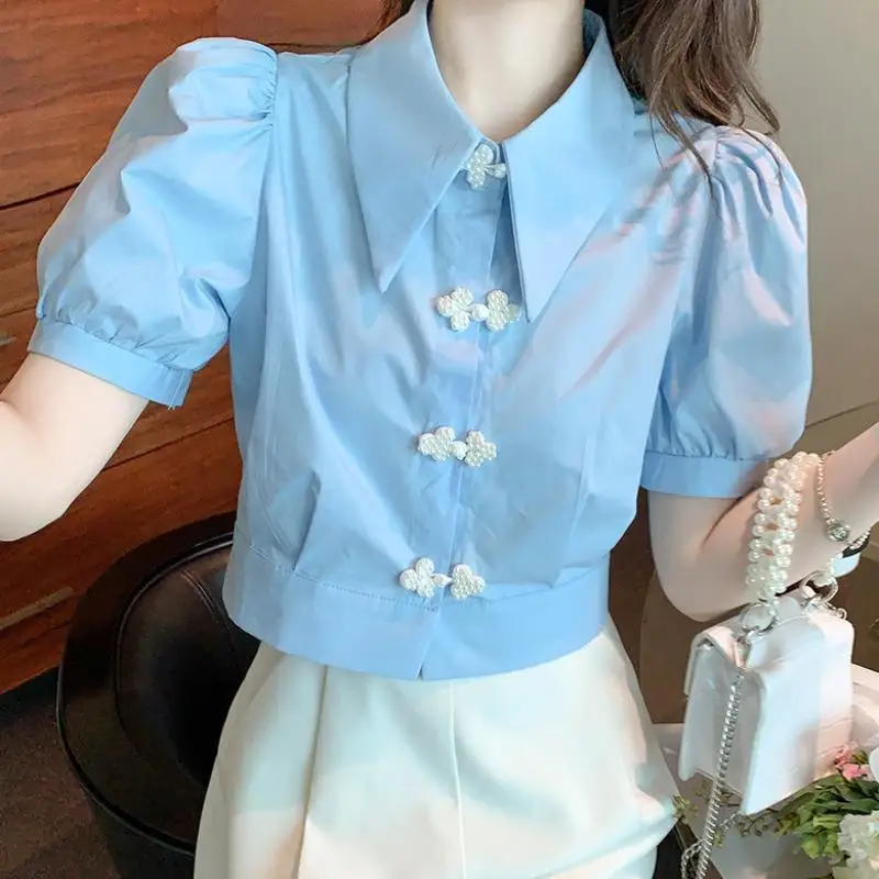 Sweet Short Pleated Blouse Summer New Polo Neck Short Sleeve Solid All-match Elegant Shirt Tops Fashion Korean Women Clothing