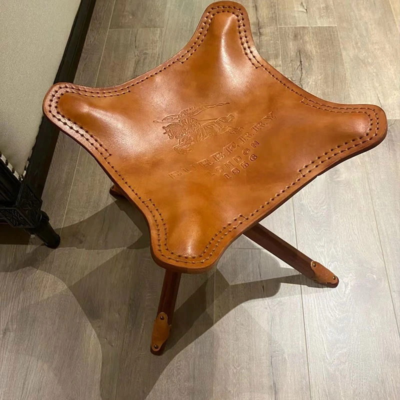 Furniture Cowhide Stool Vintage Folding Stool Porch Shoe Changing Stool Outdoor Folding Stool Mobile Seat Creative Leisure Chair