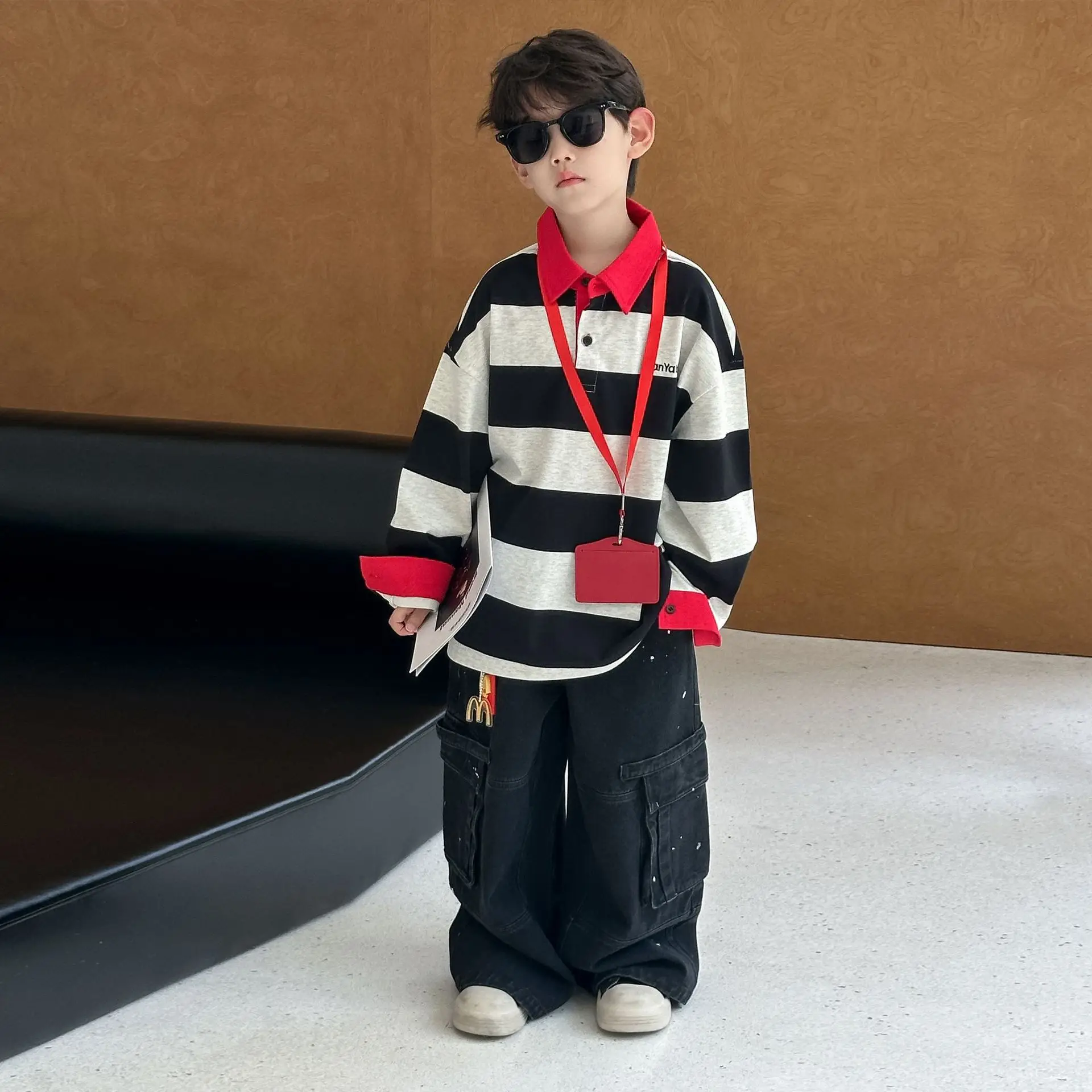 

Autumn 2025 New American Retro Striped Lapel Polo Shirt Sweatshirt for Boys' Loose Top