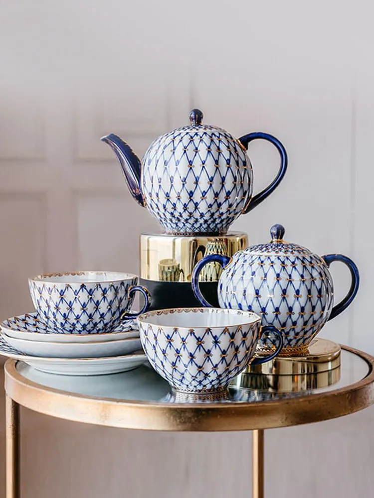 YFY cobalt blue mesh pattern afternoon tea set - premium exquisite ceramic coffee cup and saucer set 5