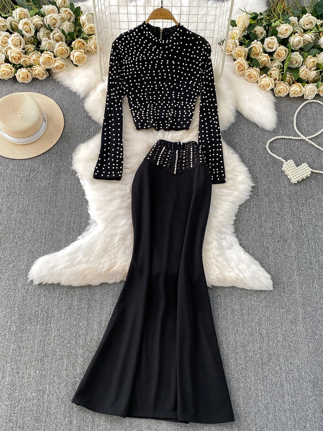 

ort Heavy Embellied round Ne Top High Waist Slim Fit Fi Tail Длинная юбка Комплект из двух предметов Faionable Casual Outfit for W...