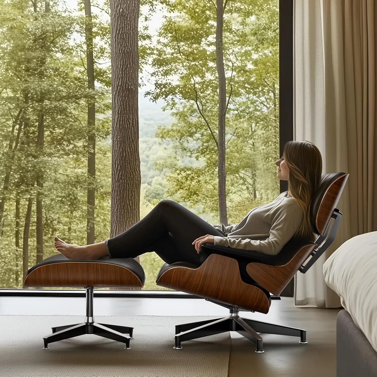 Top Black PU Leather, Mid Century Chaise Lounge Chair and Ottoman, Modern Chair Classic Design, Walnut Wood image 2