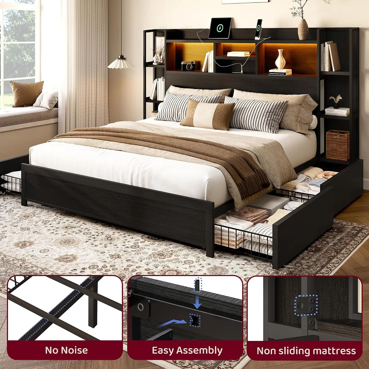 Queen Size Bed Frame with 4 Storage Drawers and Headboard Featuring Shelf Storage, Wooden Platform Bed Frame with, Customized - view 6