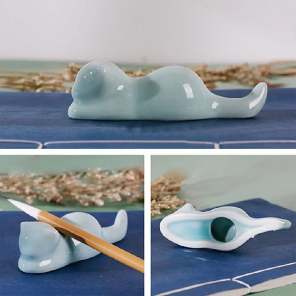 Cat Kitty Artist Student Penmanship Ceramic Pen Rest Writing Brush Holder Calligraphy Pen Holder For Watercolor Ink Painting