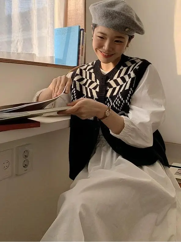 

Ретро цветной вязаный жилет Blo Diamond, женский свободный повседневный свитер с подкладкой на плечах, пальто с v-образным вырезом и одной пуговицей