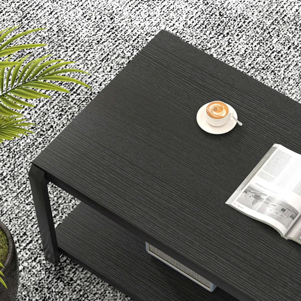 طاولة قهوة صناعية ريفية حديثة، طاولة مركزية خشبية مستطيلة مع مساحة تخزين لغرفة المعيشة