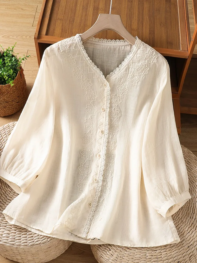 

Elegant V-Neck Embroidered Cotton Linen Blouse Half Sleeve Summer Shirt for Women Classic Chinese Style Floral Lace Loose Fit