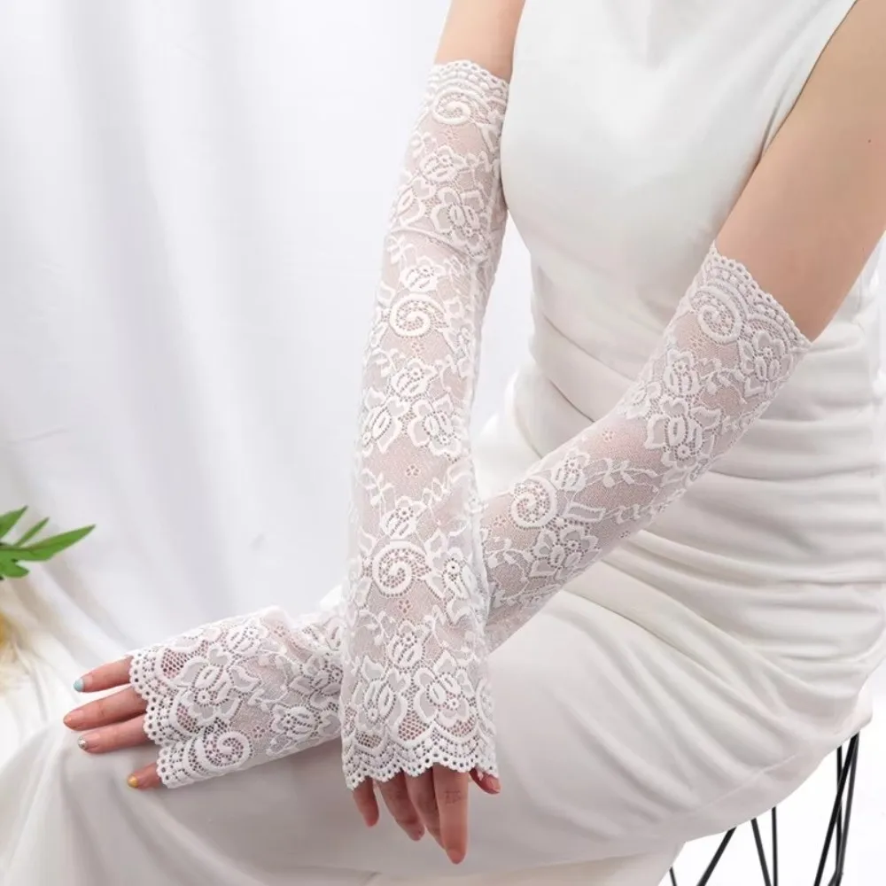 

Сетчатые кружевные солнцезащитные рукава с цветочной вышивкой, эластичные, без пальцев, длинные, дышащие