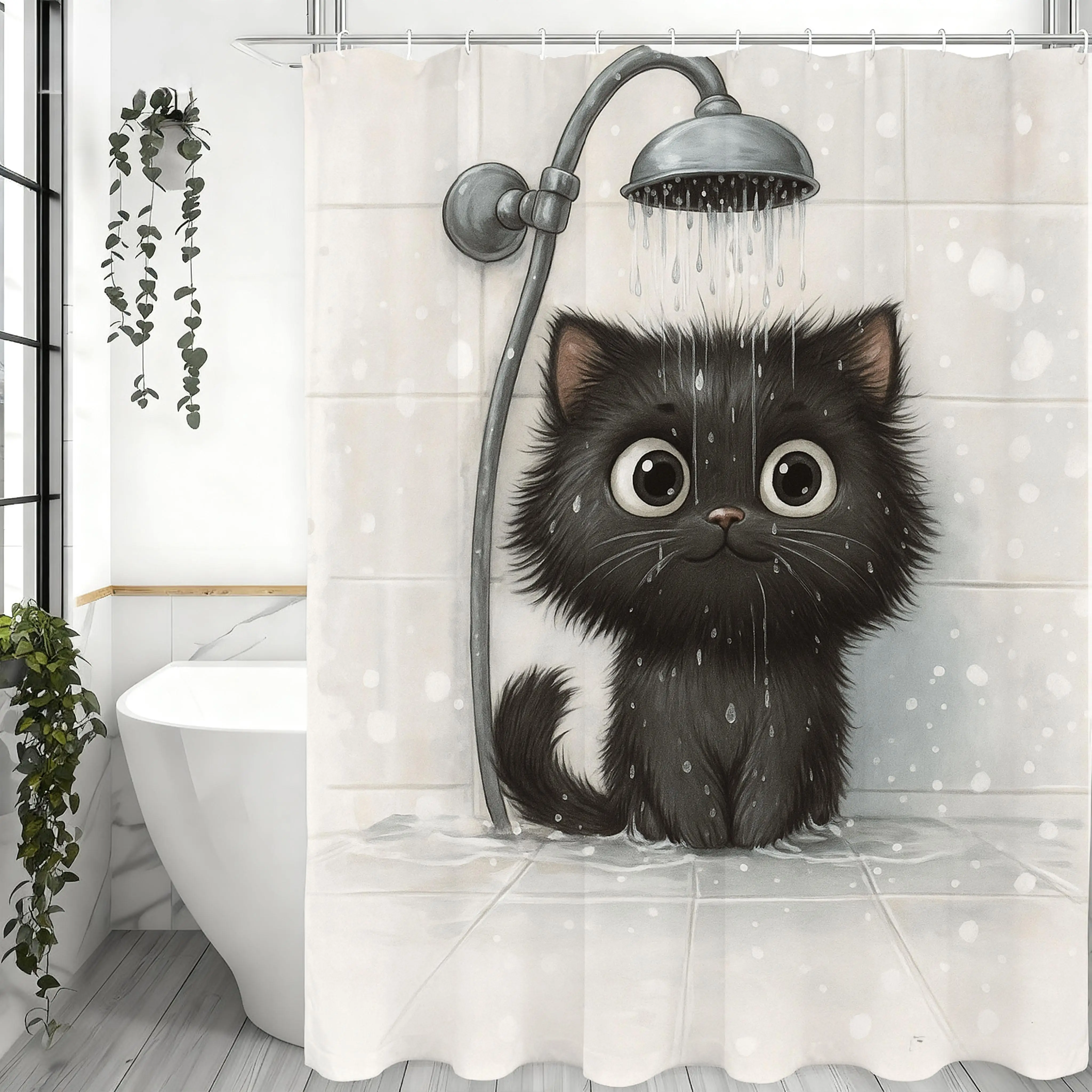 Cute Big Eyes Black Cat Shower Curtain, Watercolor Fluffy Kitten Under Shower Print Waterproof Bath Curtain for Bathroom Decor