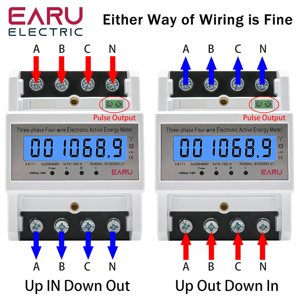 Din Rail 380V 3 Phase 4 Wire Energy Meter Power Consumption Monitor kWh Meter Wattmeter Bivolt 100A AC 50Hz 60Hz LCD Backlight