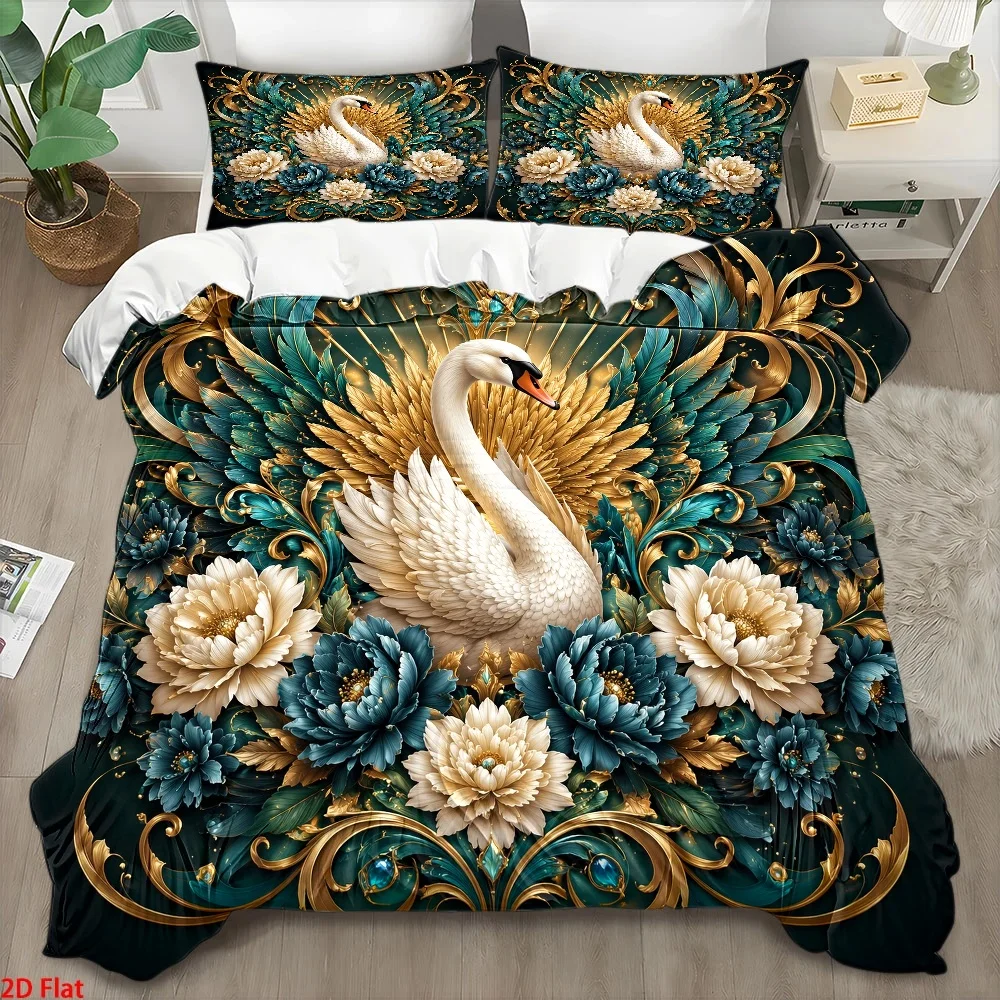 3Pc European-Style Palace-Style Swan Floral Duvet Cover Set (1*Duvet Cover + 2*Pillowcases), Three-Piece Bedding Set Suitable for All Seasons, Machine Washable, Invisible Zipper, Personal Bedspread Suitable for Home, Dormitory, Master Bedroom, Guest Room, Light Luxury Blue and Gold Floral Swan Bedding Set, Large Duvet Cover Set with Exquisite Carving, Luxurious Gemstone-Decorated Bedding Set, Vintage Art Swan Bedspread Set, Soft and Skin-Friendly Machine-Washable Duvet Cover Set, Multi-Functional