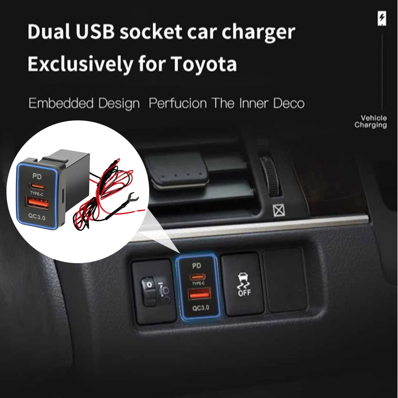 12V/24V Car Charger PD QC3.0 Dual USB Fast Charger 3-port Phone Charger Adapter Modified Charging Socket For Toyota Accessories