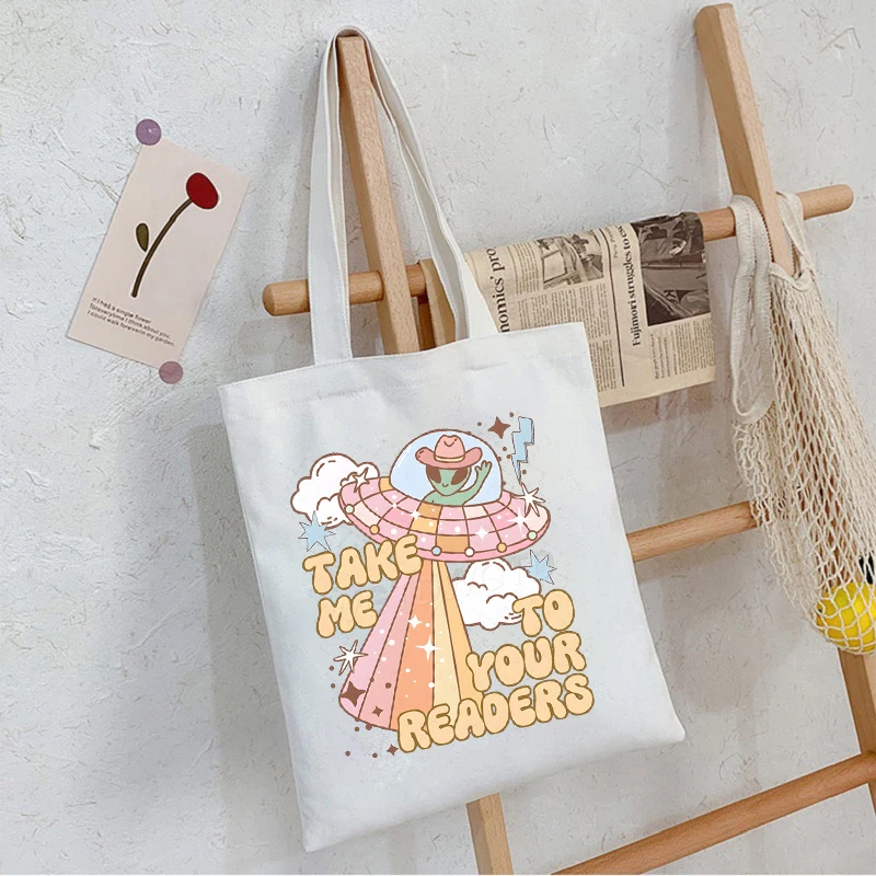 

Take Me To Your Readers Fun UFO Print Handbags Women Men Cartoon Canvas Tote Bags For Read Club Gifts Bookworm Shoulder Bag