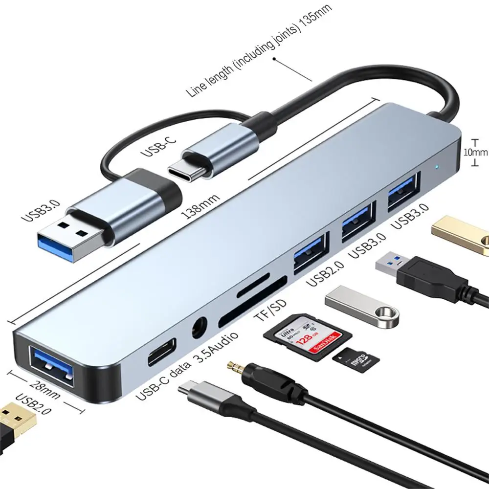 Multiport alta velocidade transmissão adaptador para Notebook Laptop, Tipo C Docking Station, USB C Hub, 8 em 1