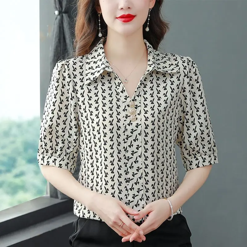 Commute Stylish Printed Blouse Chic Button Women\'s Clothing Casual Turn-down Collar Chic Button Spring Summer 3/4 Sleeve Shirt