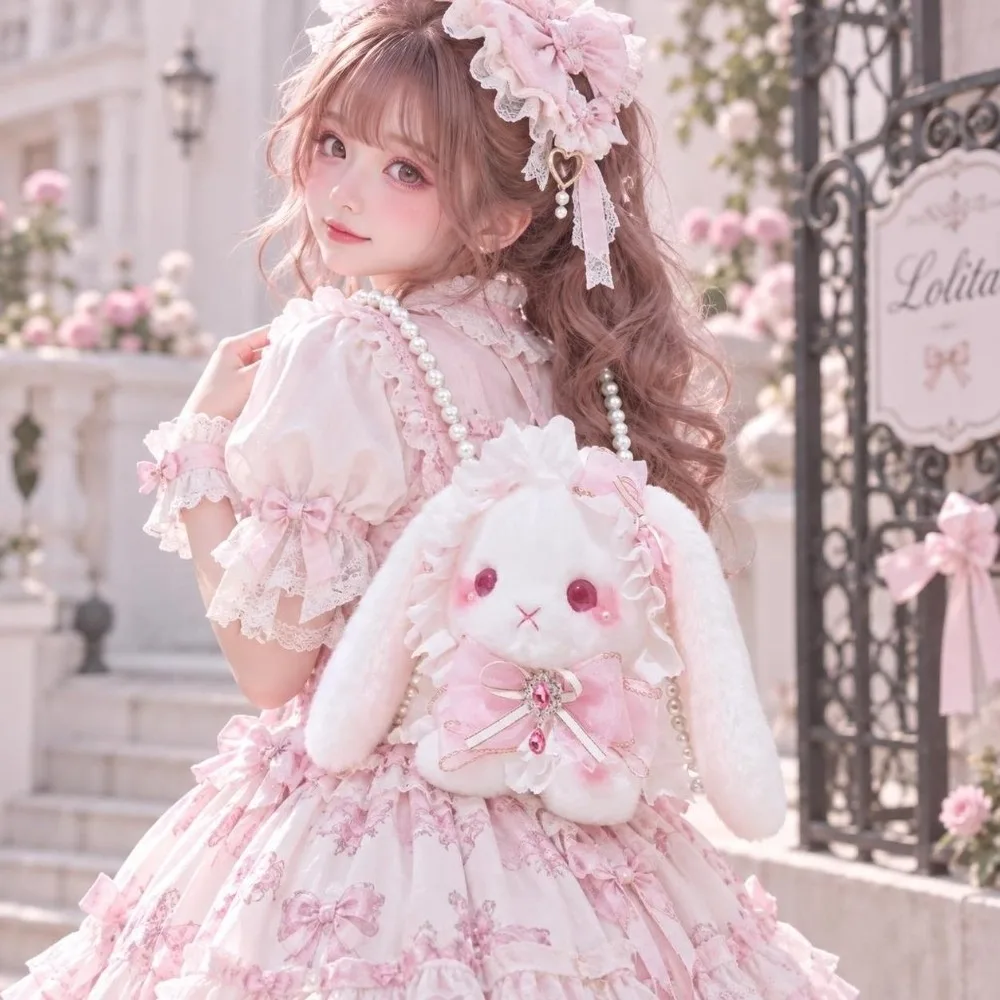 Sweet Soft Bunny Bag with Pearl Chain Long-ear Rabbit Crossbody Shoulder Bag Princess Lolita Bag for Girls