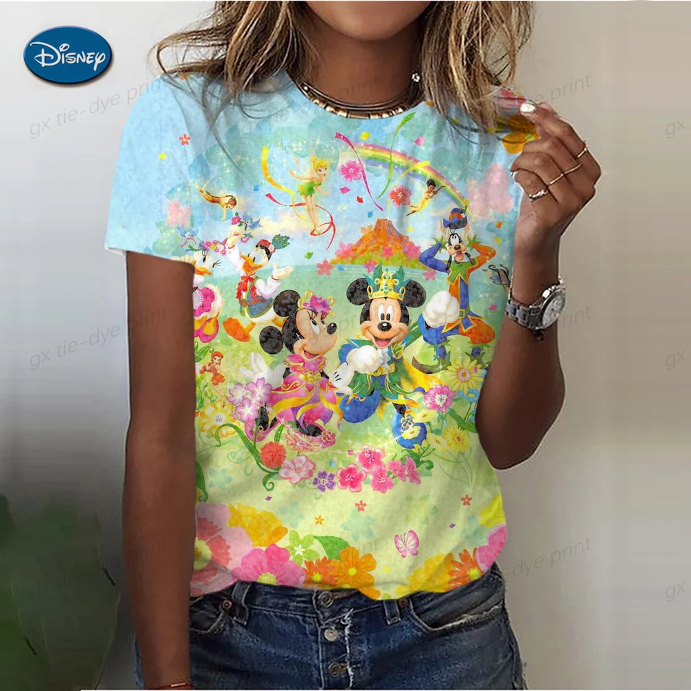 Kawaii Mickey Mouse T-shirts Women Black Tops Ladies Casual Vintage O Neck T-shirt Korean Style Harajuku Clothing Top Y2k