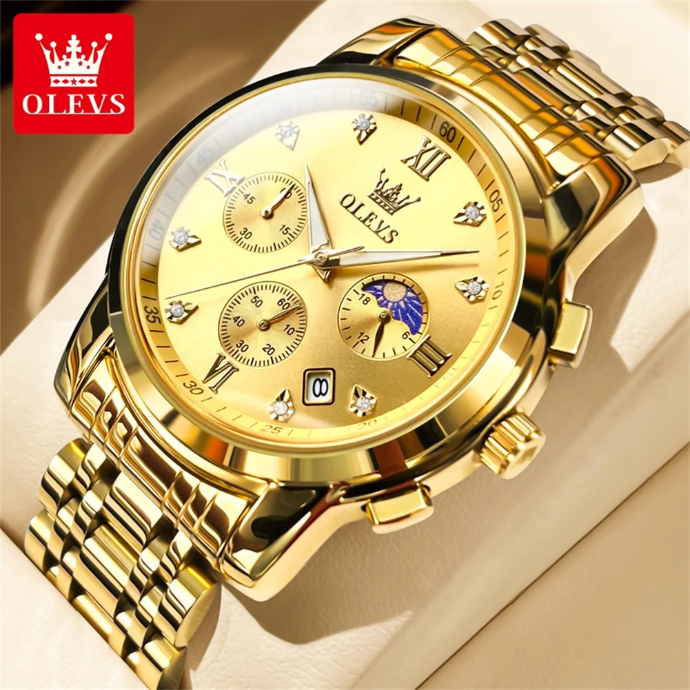OLEVS 2858 Herenhorloge Luxe merk quartz horloge Multifunctionele chronograaf Waterdicht lichtgevend maanfasehorloge Trend herenhorloge
