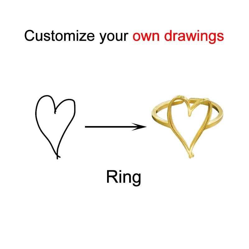 Goxijite Customized Hand-painted Heart Pattern Necklace Earrings For Women Stainless Steel Custom Drawing Logo Ring Jewelry Gift