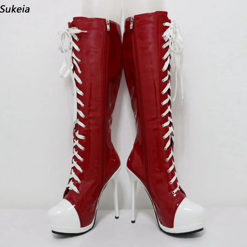 

Sukeia/Новые женские зимние сапоги до колена с боковой молнией на шпильке с круглым носком, великолепная красная обувь для ночного клуба, женская обувь США, большие размеры 5-20