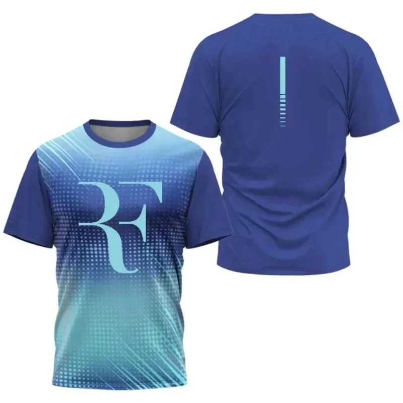 RF Roger Federer Gradient Blue Halftone Tennis Sports T-Shirt, Men Women Quick Dry Breathable Tennis Fan Athletic Tee