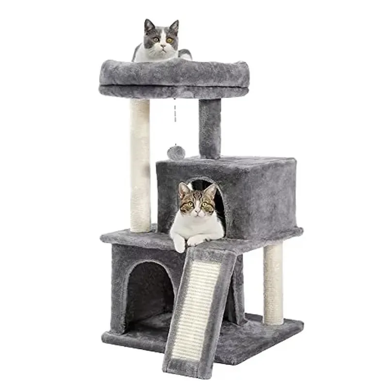 Luxury Double Apartment Cat Tower with Spacious Perch Fully Enclosed Sisal Post Replaceable Hanging Ball and Paper Scratcher