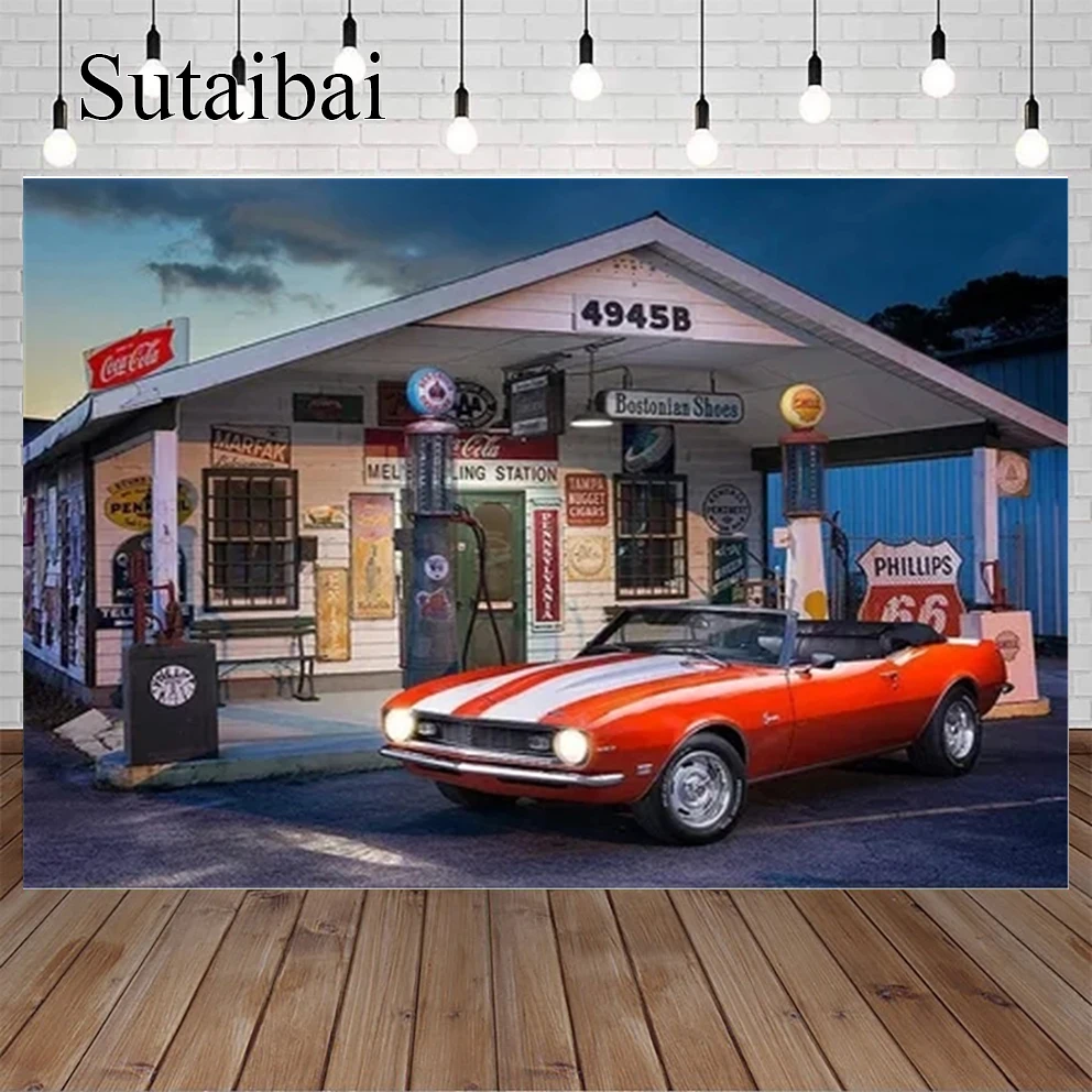 

50s Photography Backdrop for Route 66 Gas Station Background Vintage Car Background Party Decor Banner Photo Studio Poster