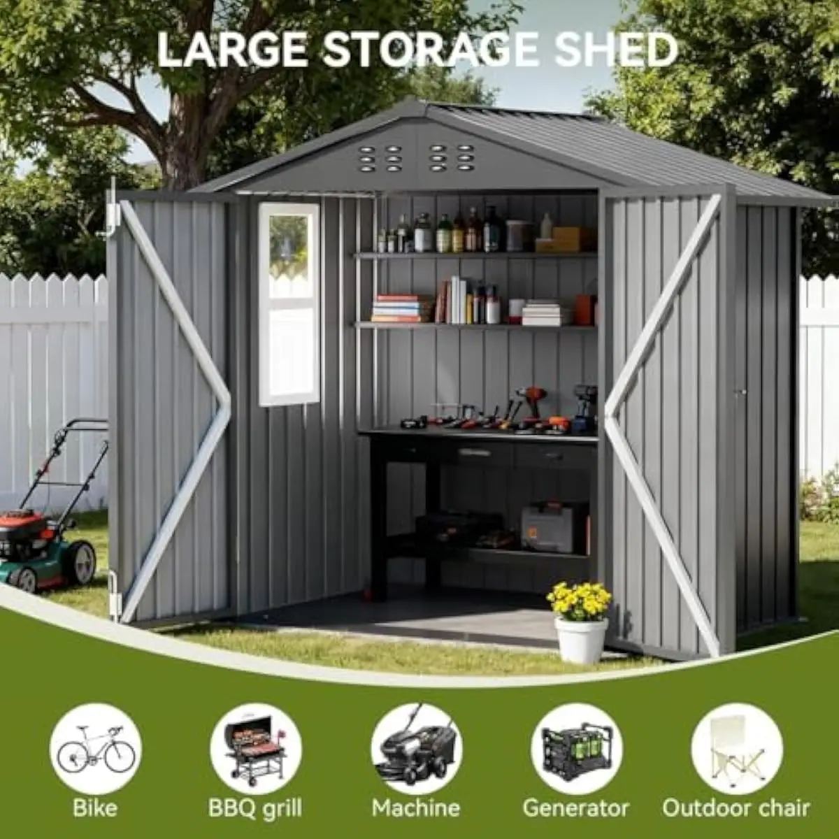 Weatherproof Galvanized Steel Shed with Window and Ventilation for Garden Tools Lawn Mower Storage Secure Double Doors Durable B - view 4