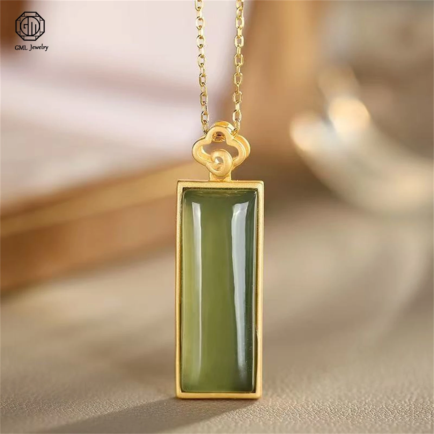 

Minimalist Long Plaque Peace Pendant Gold Gilt Inlaid Natural Hetian Dark Green Jade Necklace Women Exquisite Jewelry Gift