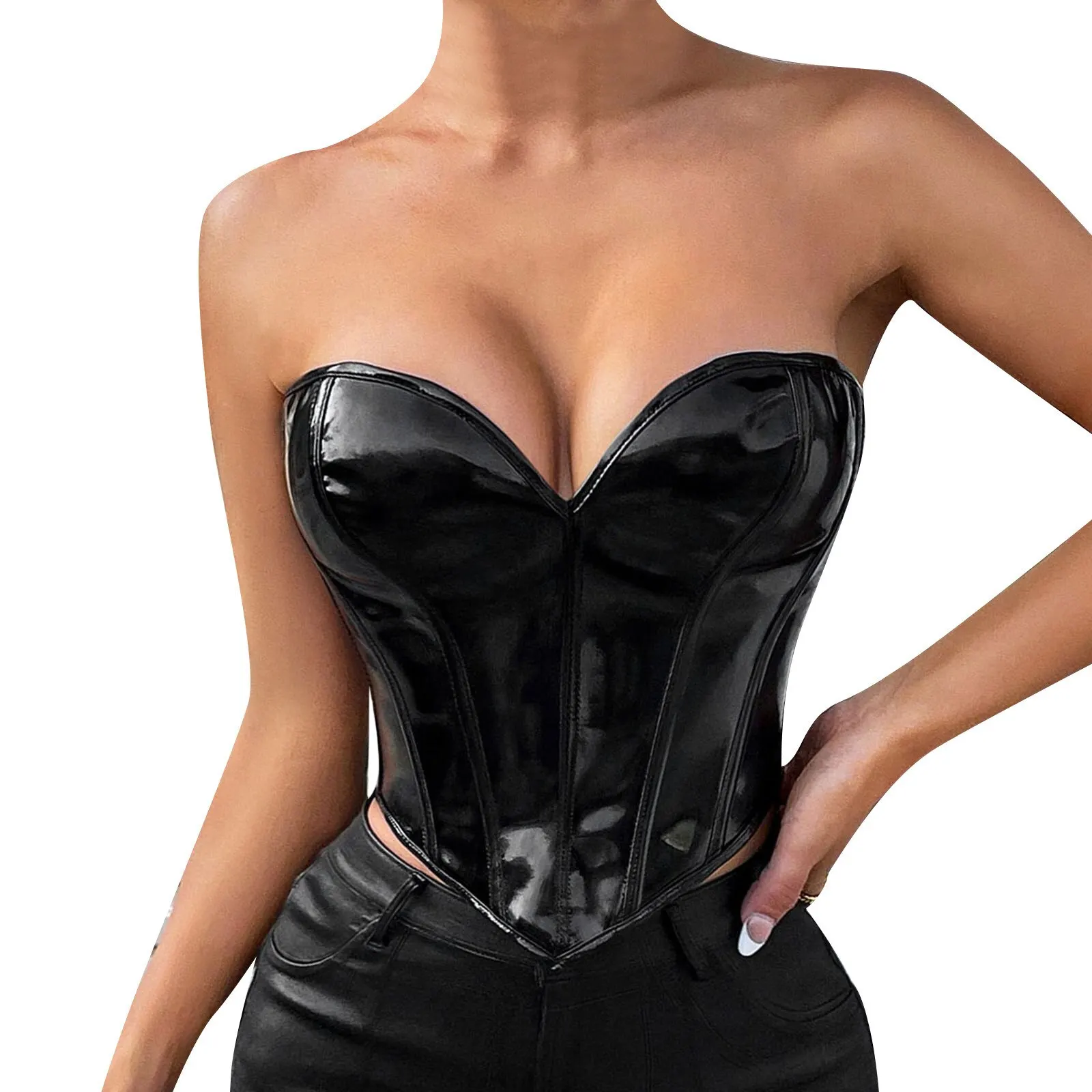 2023 Sexy Women Gothic Solid Lace Up Back Hanky Hem PU Leather Tube Corset Top Fishbone Detail Shapewear Rave Club Wear