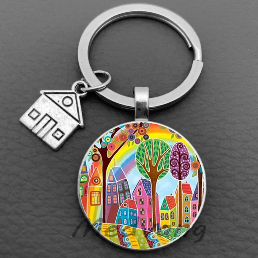 2024 Beautiful House Keychain Abstract Starry Sky Cabin Keychain Personalized Jewelry New Home Gift Keyring