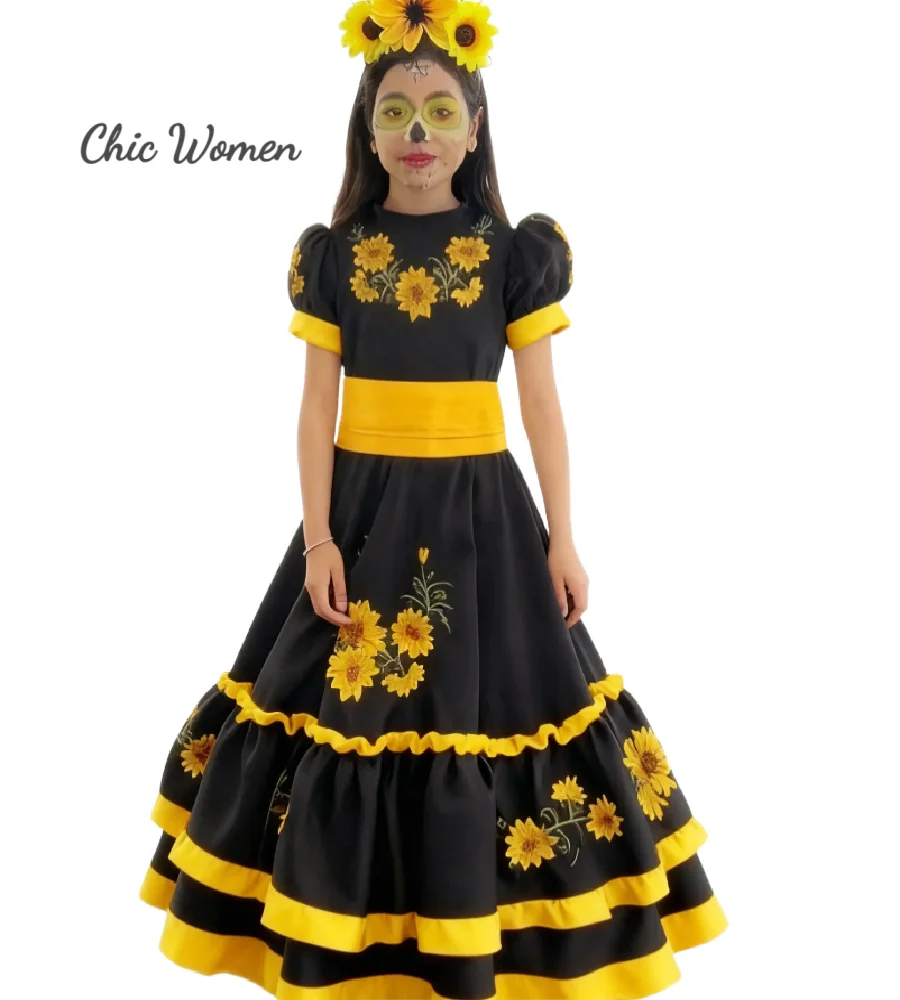 Vestido mexicano de flores negras para niñas, tutú, disfraz de Halloween para niños, vestido de desfile para niñas, bordado de girasol, Escaramuza charra, cumpleaños