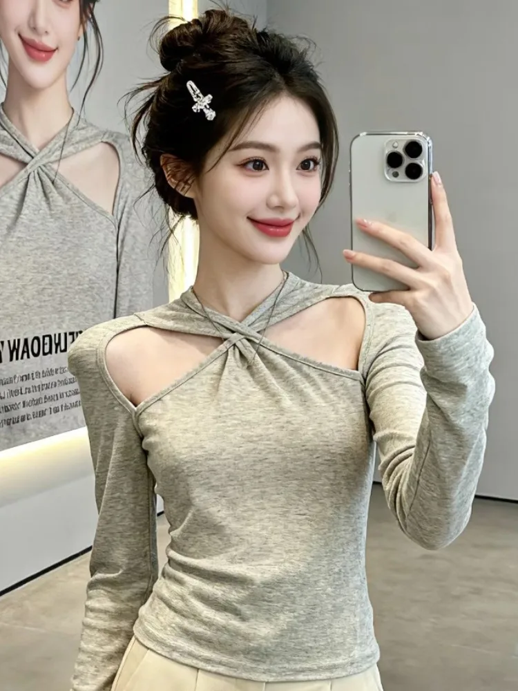 

Elegant Hollow out Collar Long Sleeve Base Shirt Women's Slim Fit Short Top Spring Autumn New Style Sexy Girl Fashion Trend
