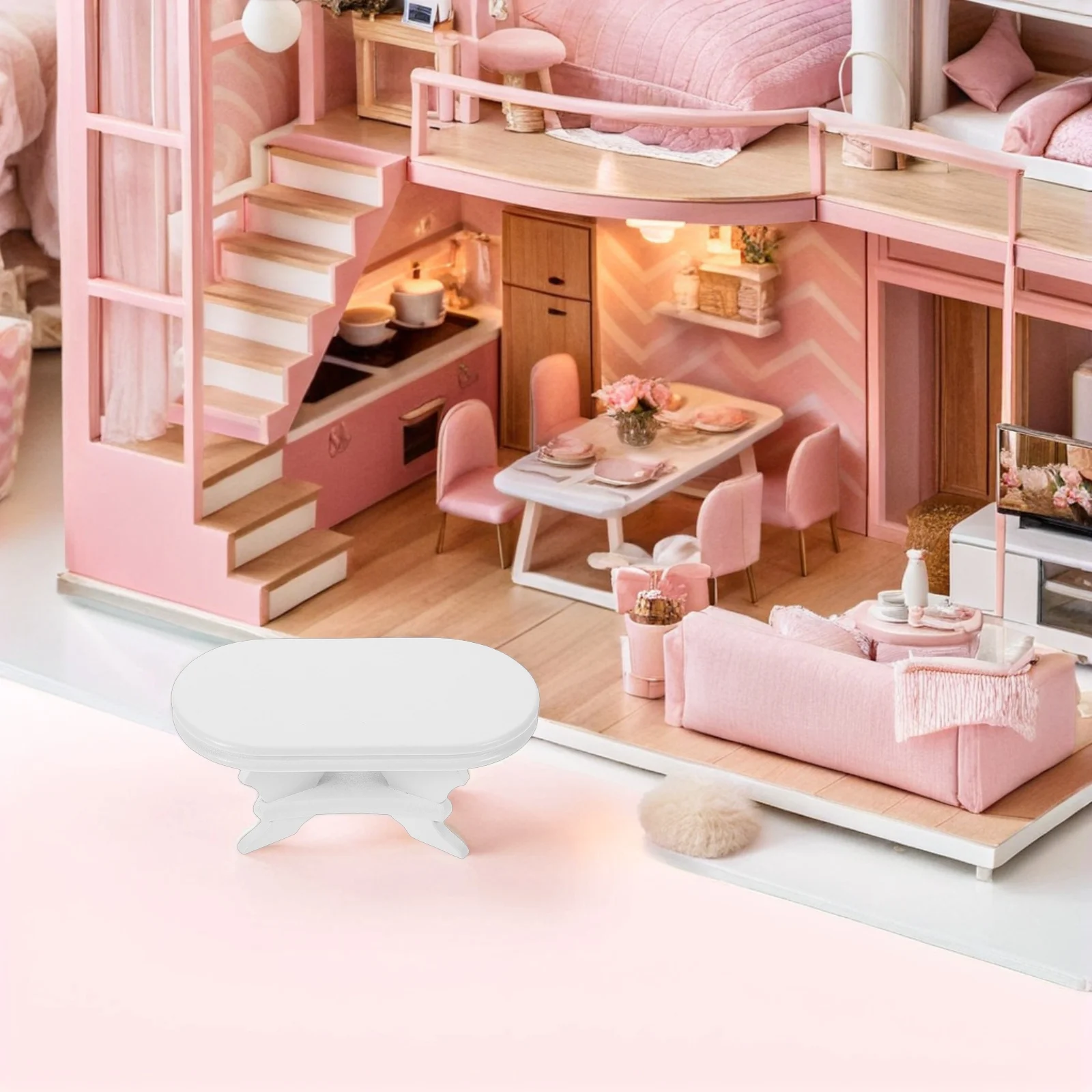 

Miniature Dollhouse Dining Table White Oval Wooden Furniture 1:12 Scale Living Room Scene Decoration Creative Pretend Play