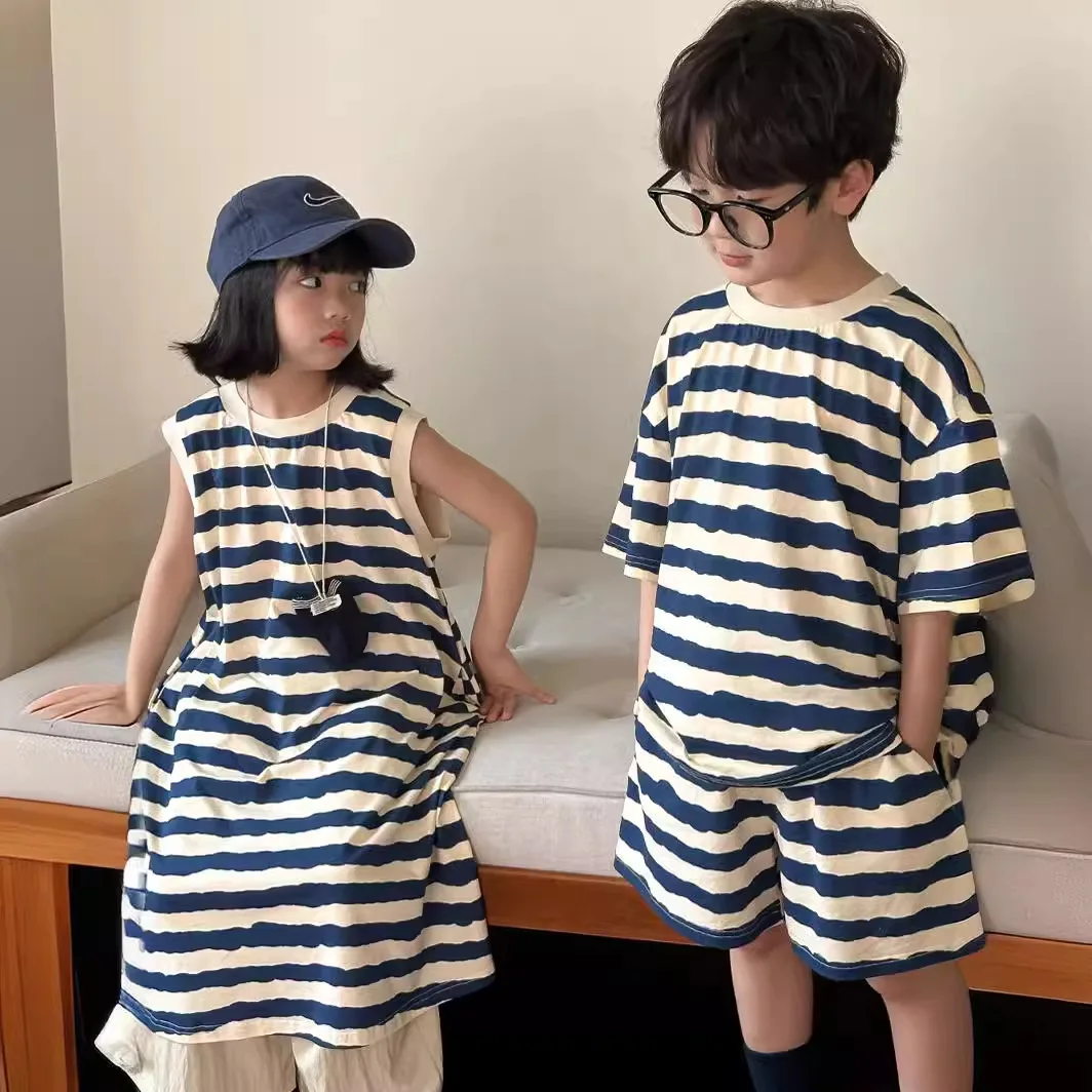 Twins Boy and Girl Clothes Sister Brother Matching Outfits Summer Little Girl Loose Dress Baby Boys Two Piece Sets Kids Clothing