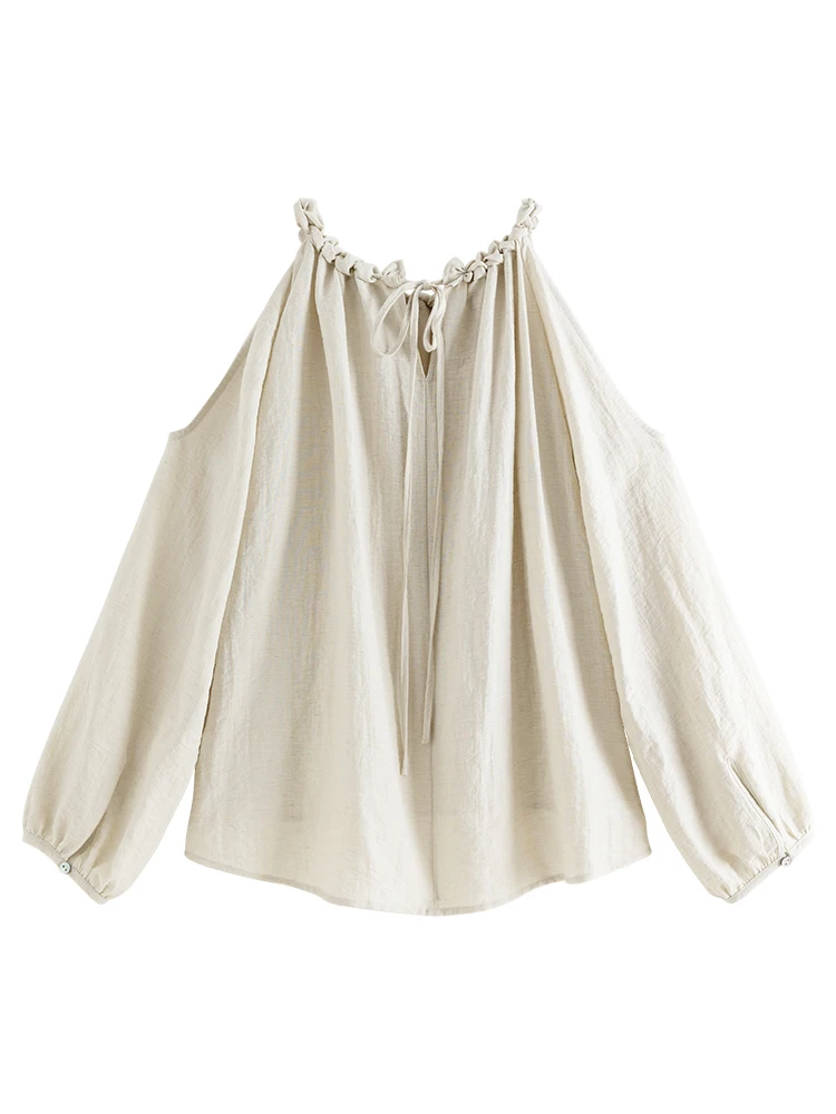 ZIQIAO French Style Linen Material Off-shoulder Women Shirt 2024 Summer New Unique Design Halter Neck Female Top 24ZQ92282