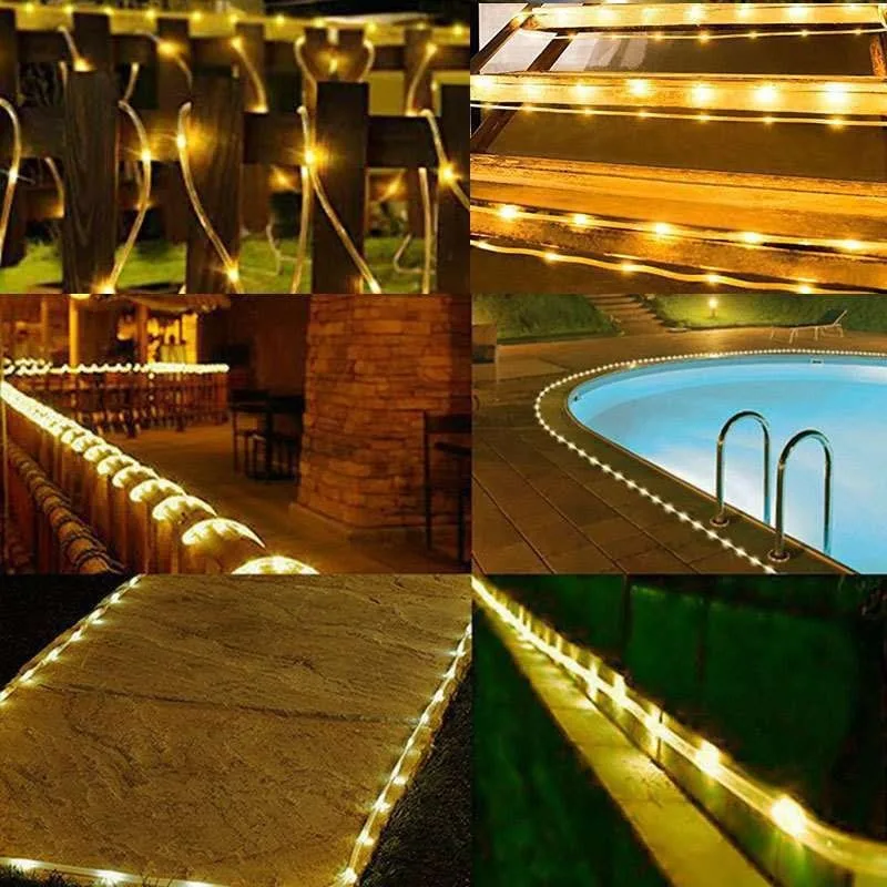 Solar Rope Strip Light Outdoor Waterproof LED Fairy Light Strings Christmas Decor for Garden Lawn Tree Yard Fence Xmas Decor