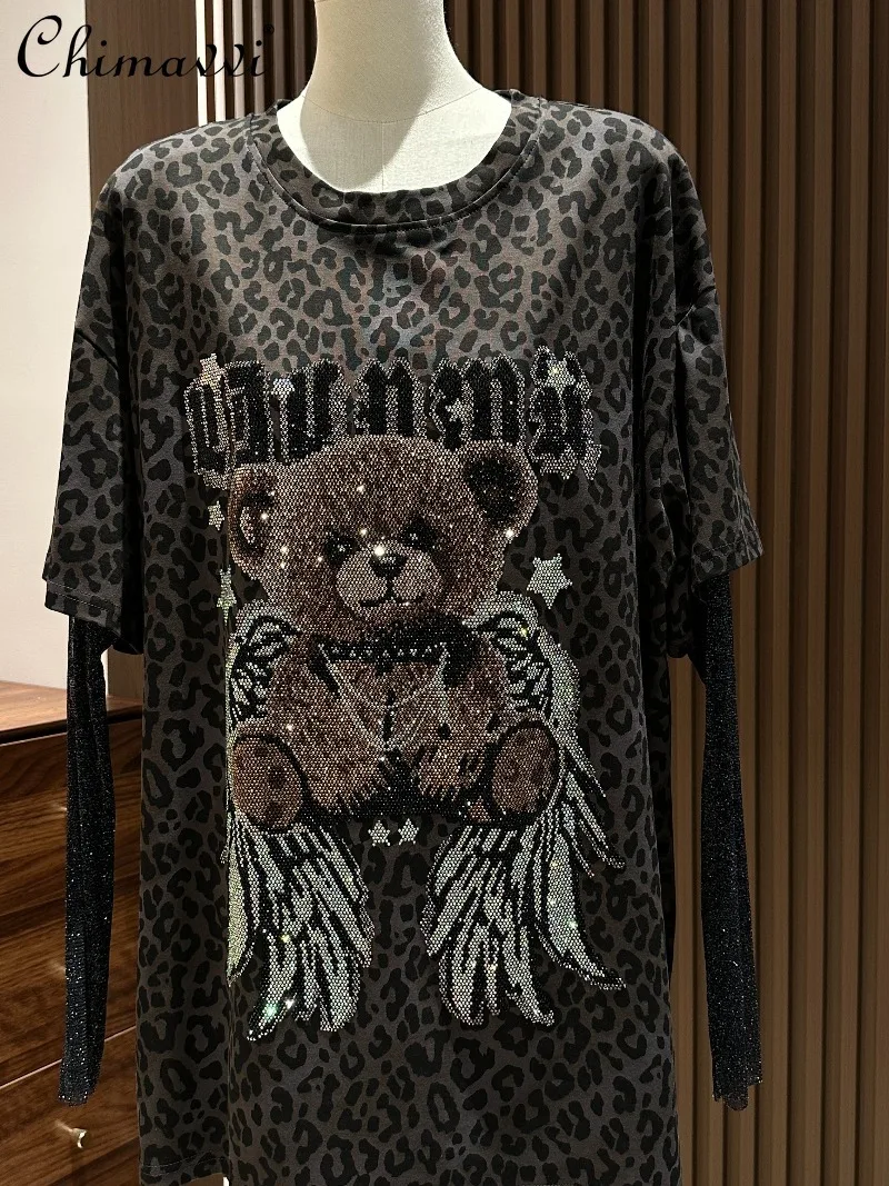 

Spring Summer New Fashion Faux Two-piece Rhinestone Bear Leopard Print Long Sleeve T-shirt Women's Streetwear Loose Casual Top