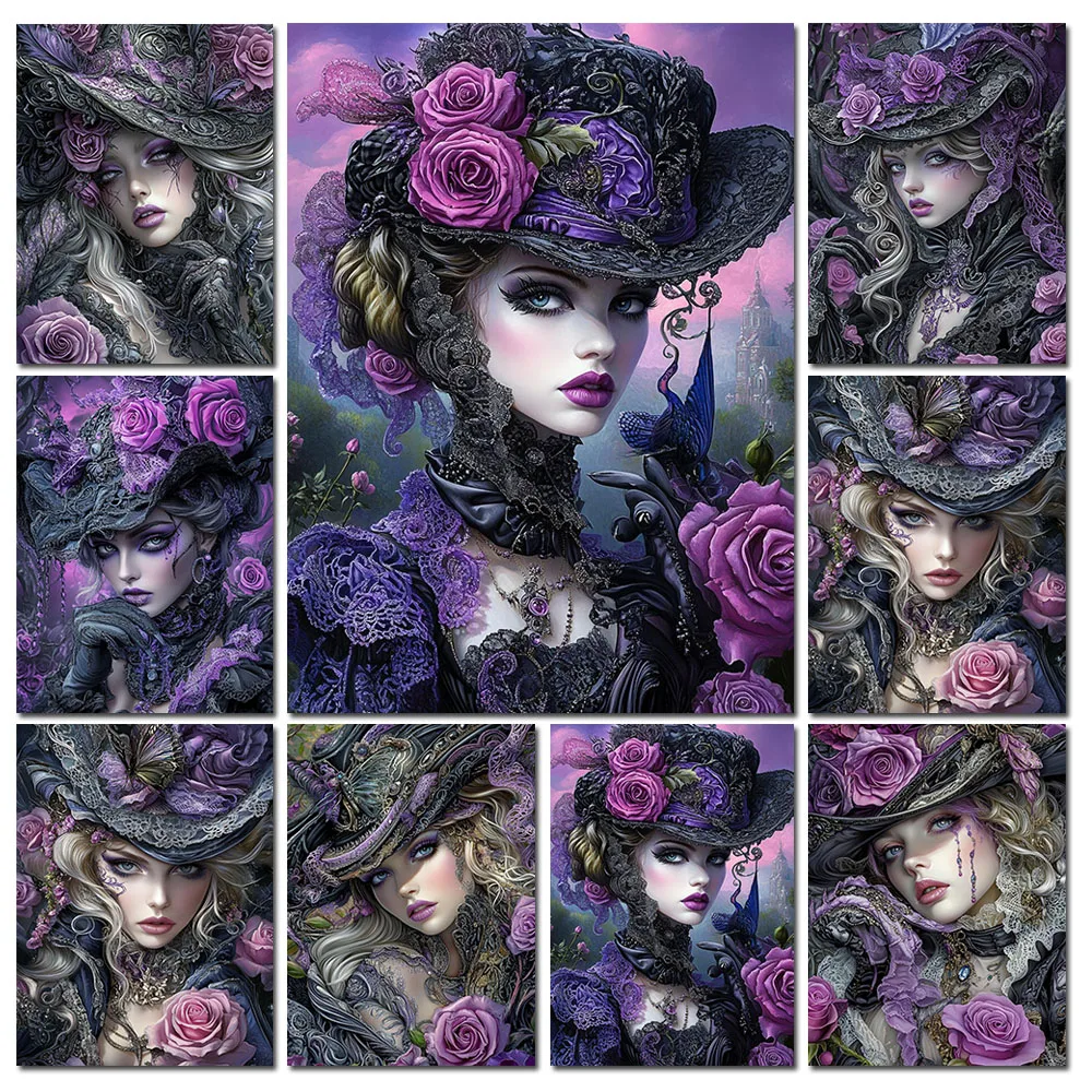 Purple Mystical Gothic Woman 5D Full Diamond Painting Rhinestones Embroidery Black Girl Cross Stitch Portrait Mosaic Sale Decor