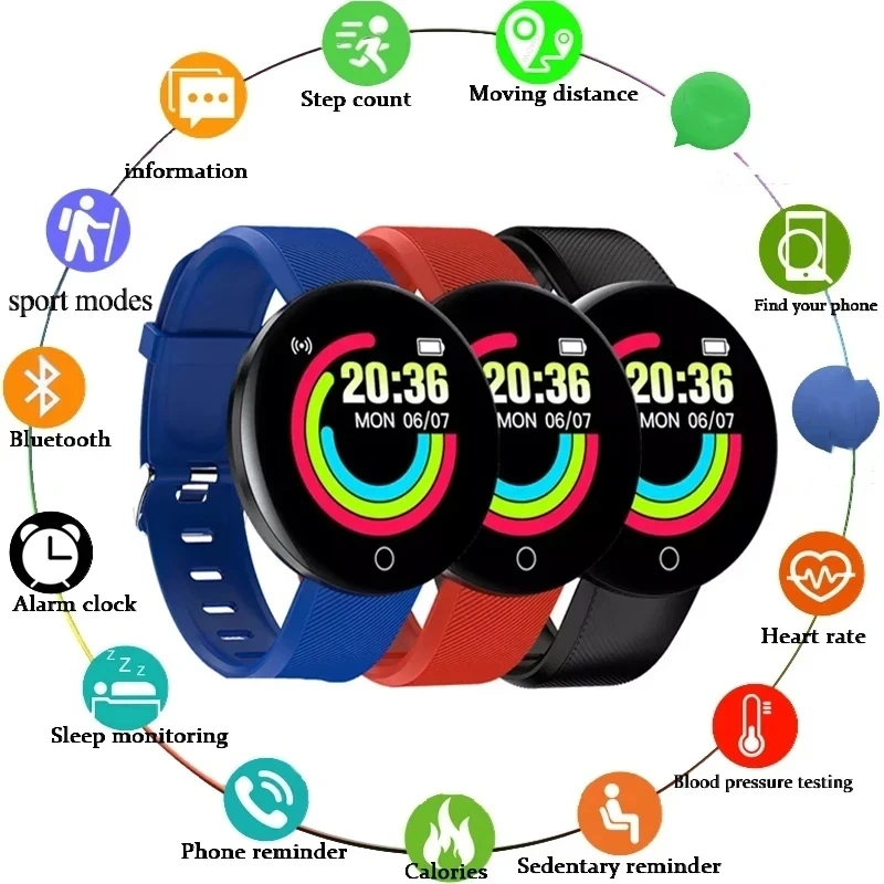 D18 Smart Watch Color Round Screen Heart Rate Blood Pressure Sleep Monitor Walking Exercise Fitness Sports Smart Bracelet Music