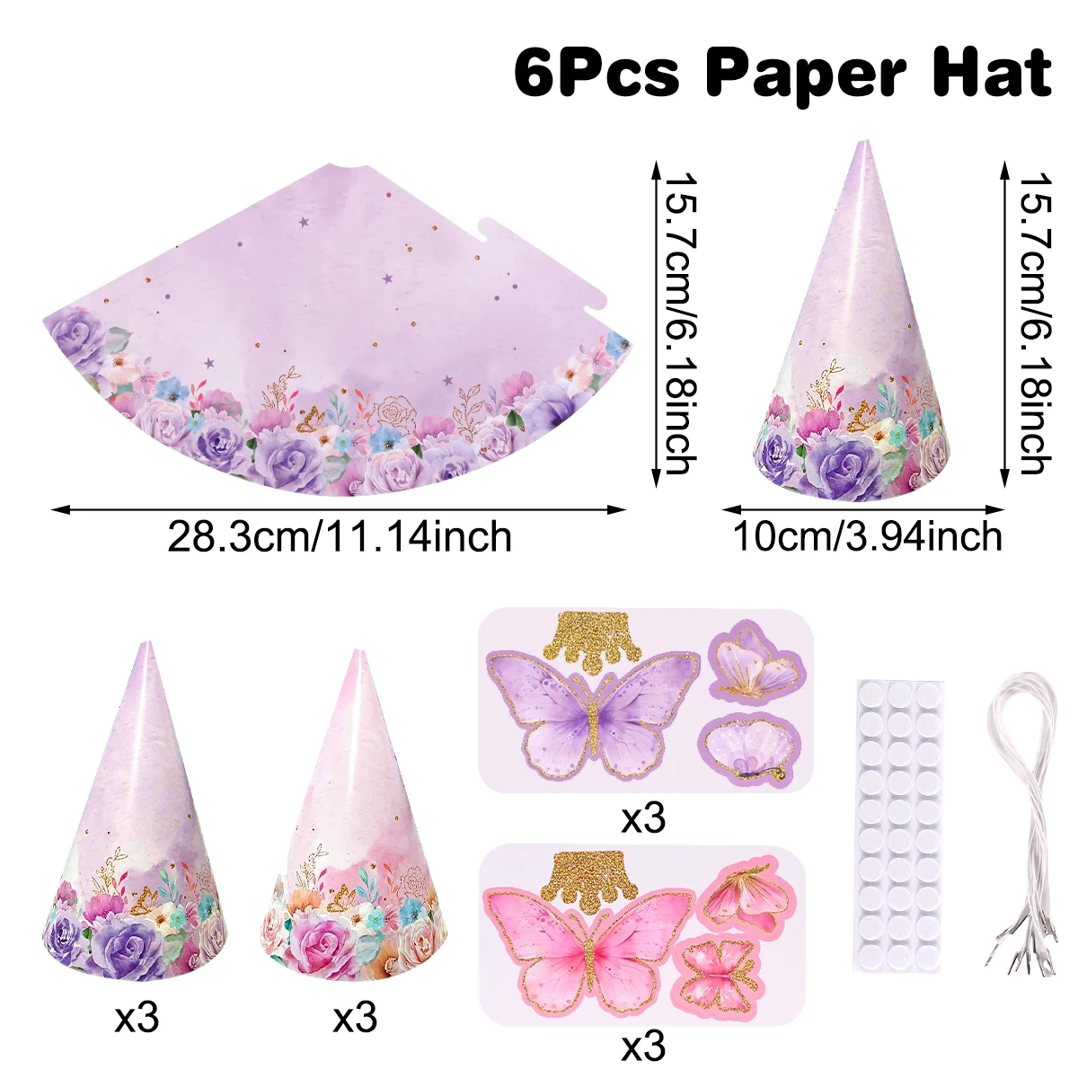 6pcs Mixed Pink Purple Butterfly Party Hats with Elastic String Paper Birthday Hat with Butterfly Stickers for Girls Photo Props view 2