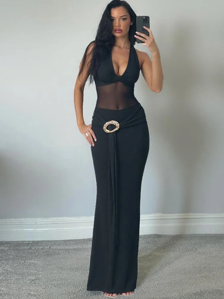 Sisterlinda Anello in metallo Nastro Abito lungo Donna Maglia Patchwork Halter Collo basso Backless Senza maniche Abiti da ballo di mezzanotte